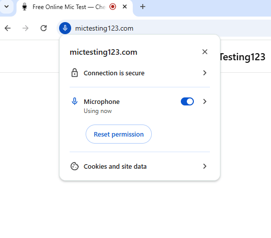 Barra indirizzi Chrome con lucchetto aperto, Microfono su Consenti