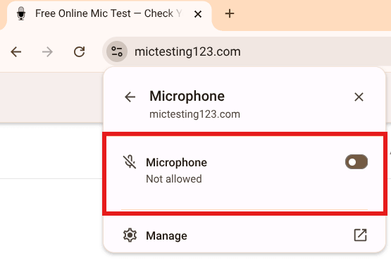 Szczegółowy widok uprawnienia mikrofonu, status Nie zezwolono