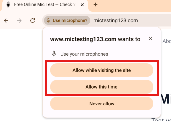 Wyskakujące okno uprawnienia mikrofonu Chrome na ChromeOS
