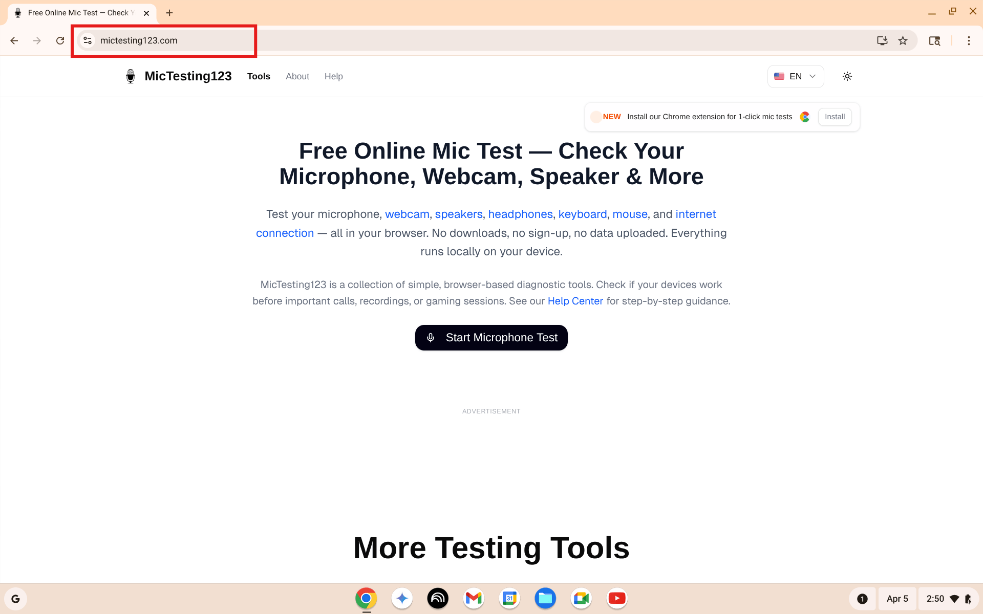 Strona główna MicTesting123 na ChromeOS z przyciskiem Uruchom test mikrofonu
