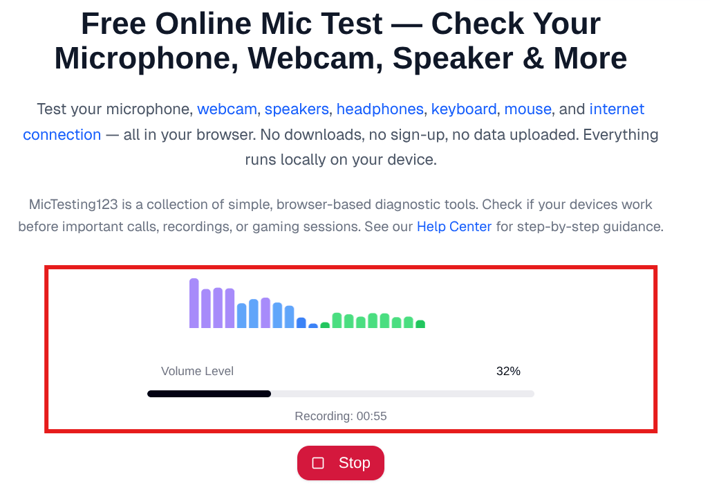 Test mikrofonu MicTesting123 działający na ChromeOS, wskaźnik głośności na 32%