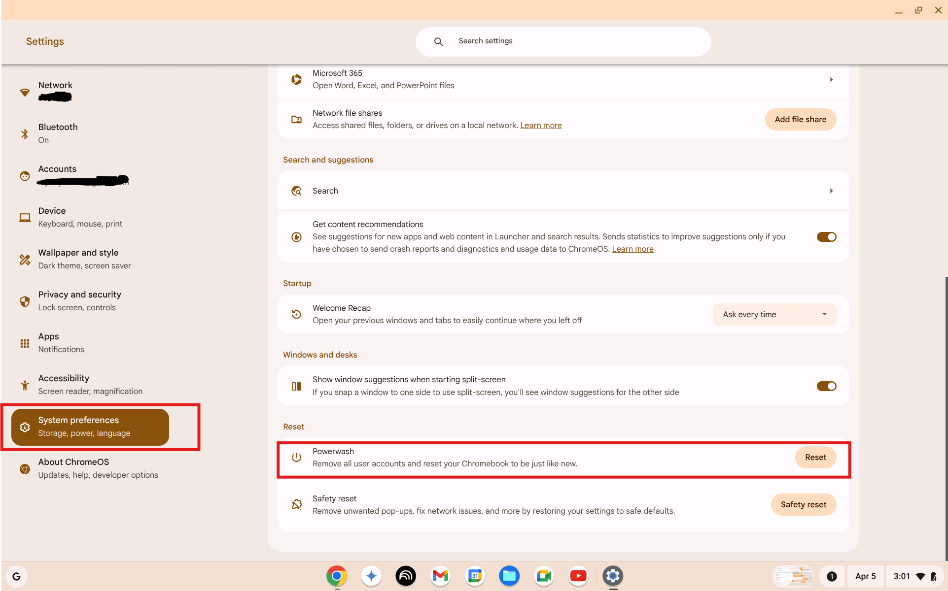 Ustawienia systemowe ChromeOS z przyciskiem Resetuj Powerwash
