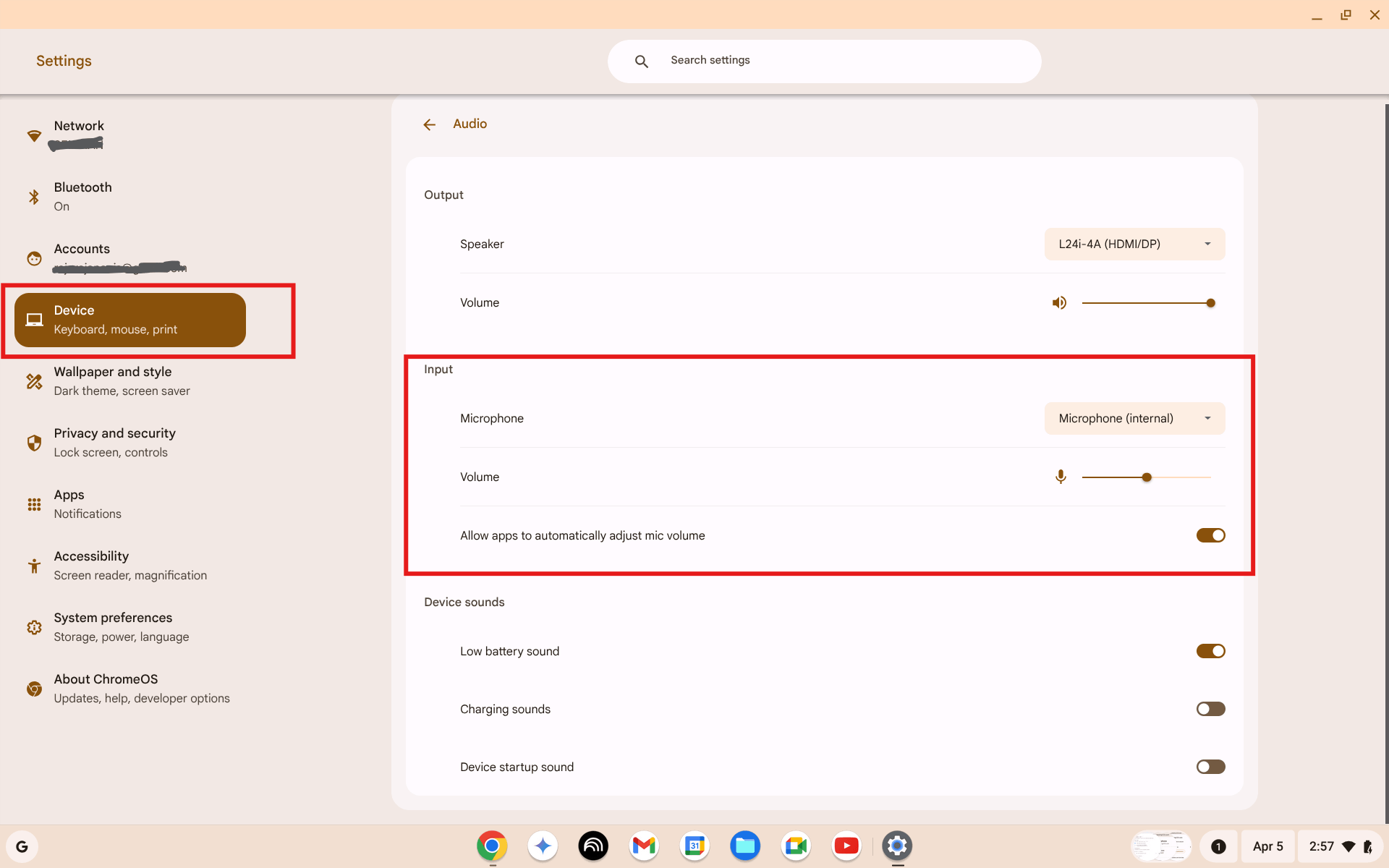 Strona Audio Urządzenia w Ustawieniach ChromeOS z sekcją Wejście