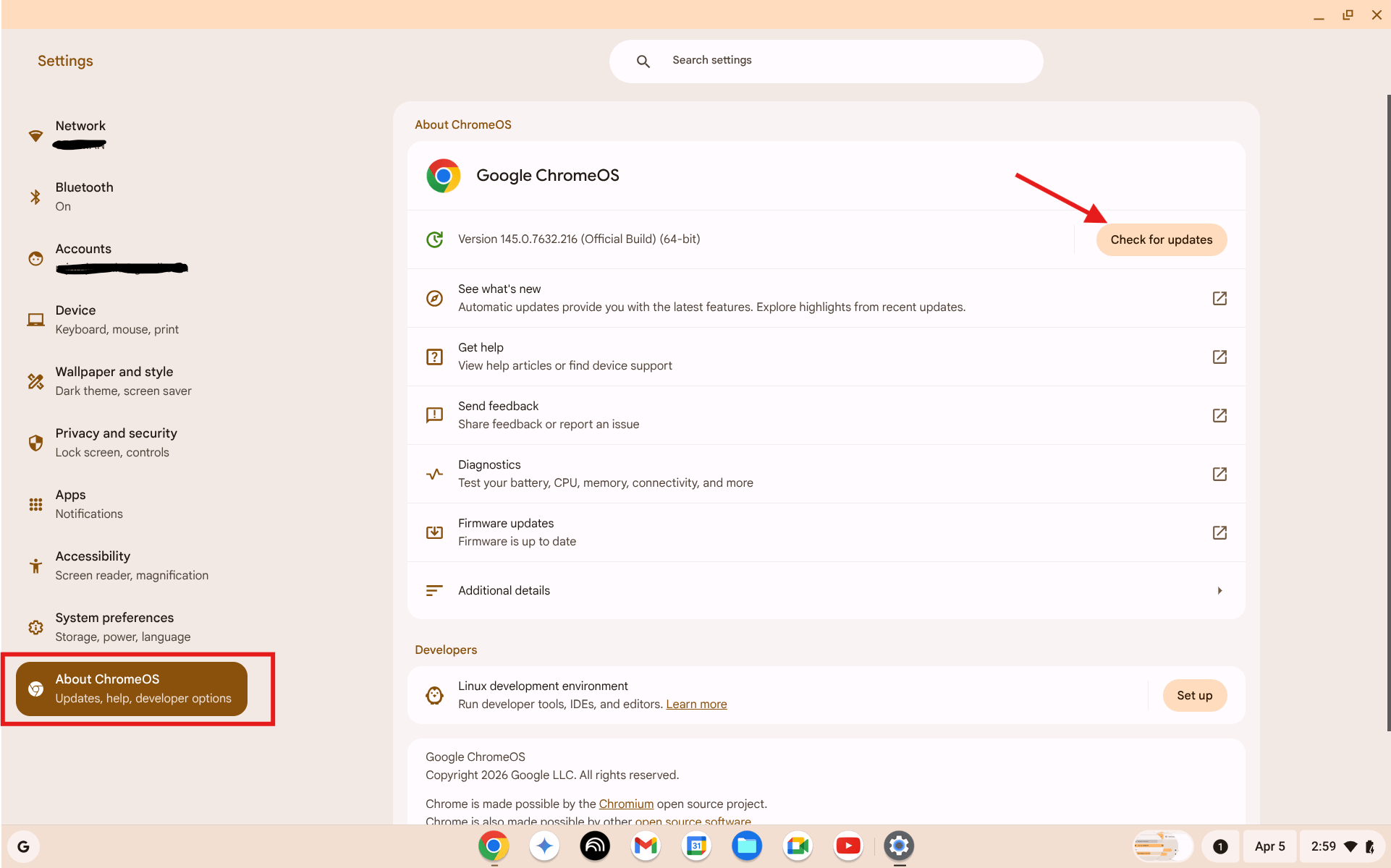 Strona O ChromeOS z wersją 145 i przyciskiem Sprawdź aktualizacje