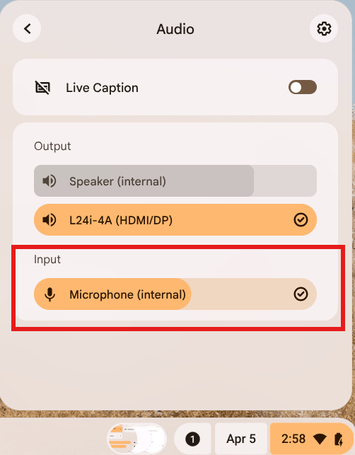Panel szczegółów audio paska systemowego ChromeOS, Wbudowany mikrofon wybrany w Wejście