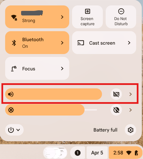 Pasek systemowy ChromeOS z podświetlonym wierszem audio