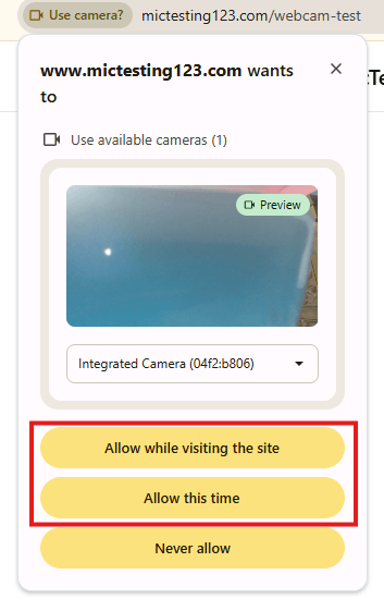 Pop-up de permissão do Chrome pedindo para permitir acesso à câmera com opções Permitir e Bloquear
