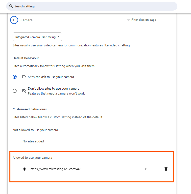 Página de Configurações de Câmera do Chrome mostrando dispositivo padrão, sites permitidos e bloqueados