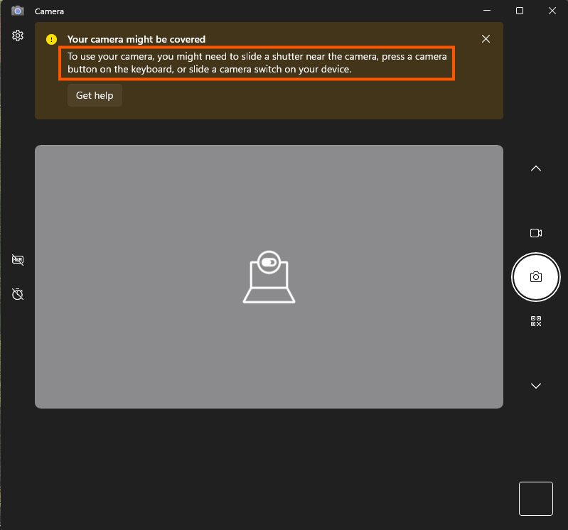 Aplicativo Câmera do Windows mostrando erro Sua câmera pode estar coberta com tela cinza
