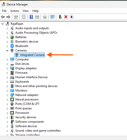Gerenciador de Dispositivos com a seção Câmeras expandida mostrando Câmera Integrada