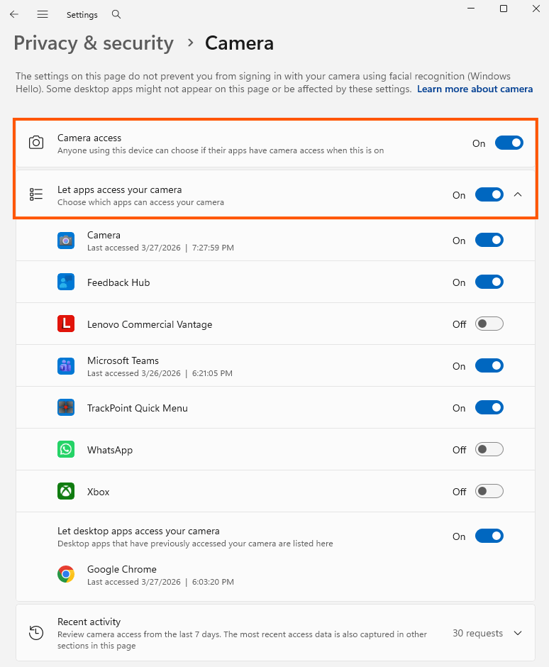 Página de Configurações de Privacidade e segurança do Windows mostrando Acesso à câmera e controles de Permitir que os aplicativos acessem sua câmera definidos como Ativado