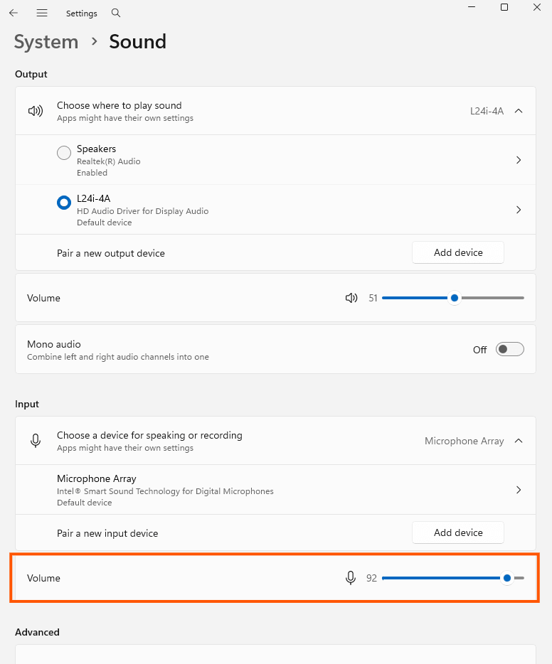 Página de Configurações de Som do Sistema do Windows mostrando seleção de dispositivo de Entrada e controle de volume