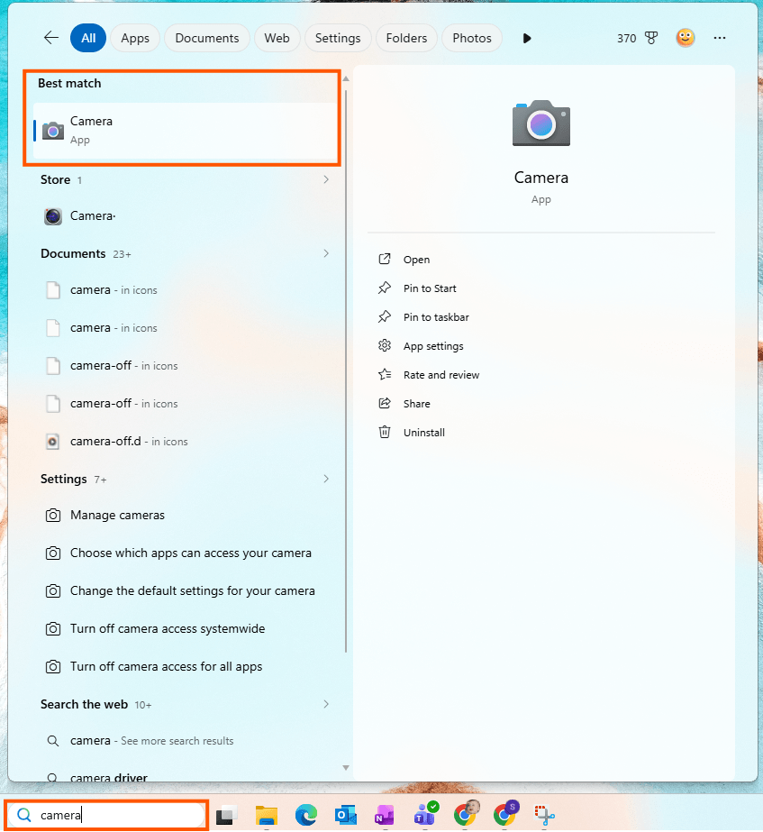 Pesquisa do Menu Iniciar do Windows mostrando o aplicativo Câmera como melhor resultado