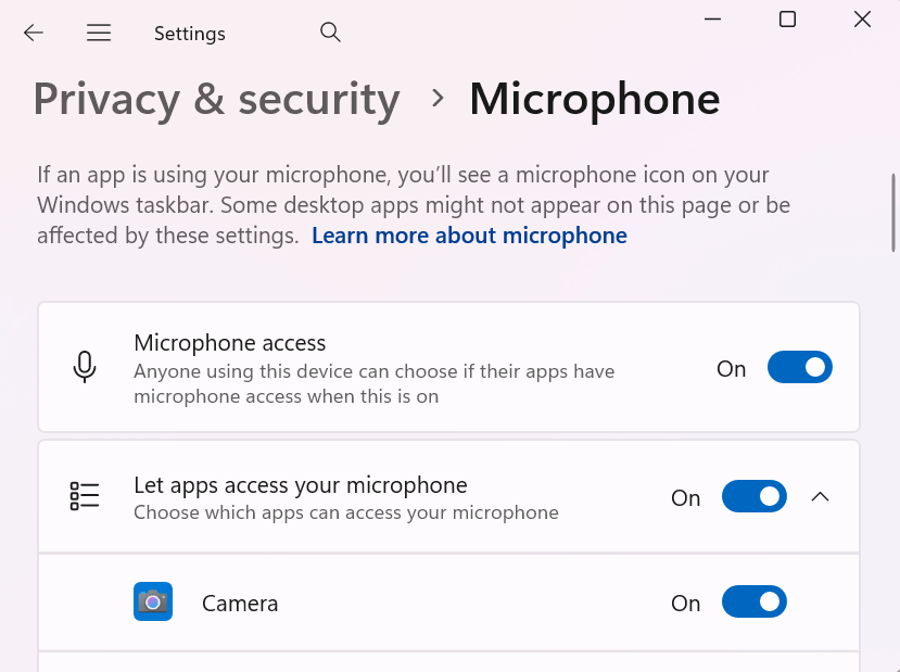 Windows Impostazioni > Privacy e sicurezza > Microfono