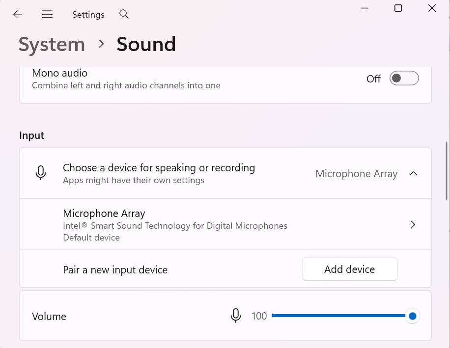 Windows Audio — Input e volume